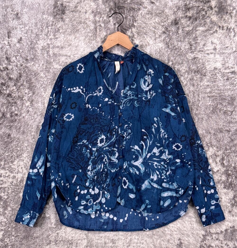 Anthropologie Top Small Womens Pilcro Blue Cotton Woven Ruffle Collar Button Up